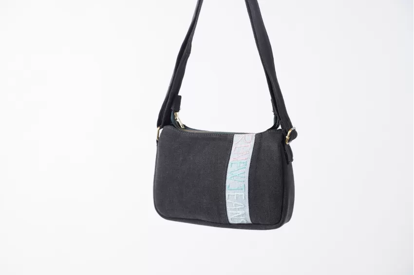 Letters Embroidery Black Denim Baguette Shoulder Bag From Old Jeans, Elegant, Trendy, Adjustable Strap Length, Suitable For Various Styles