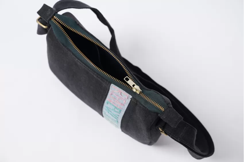 Letters Embroidery Black Denim Baguette Shoulder Bag From Old Jeans, Elegant, Trendy, Adjustable Strap Length, Suitable For Various Styles