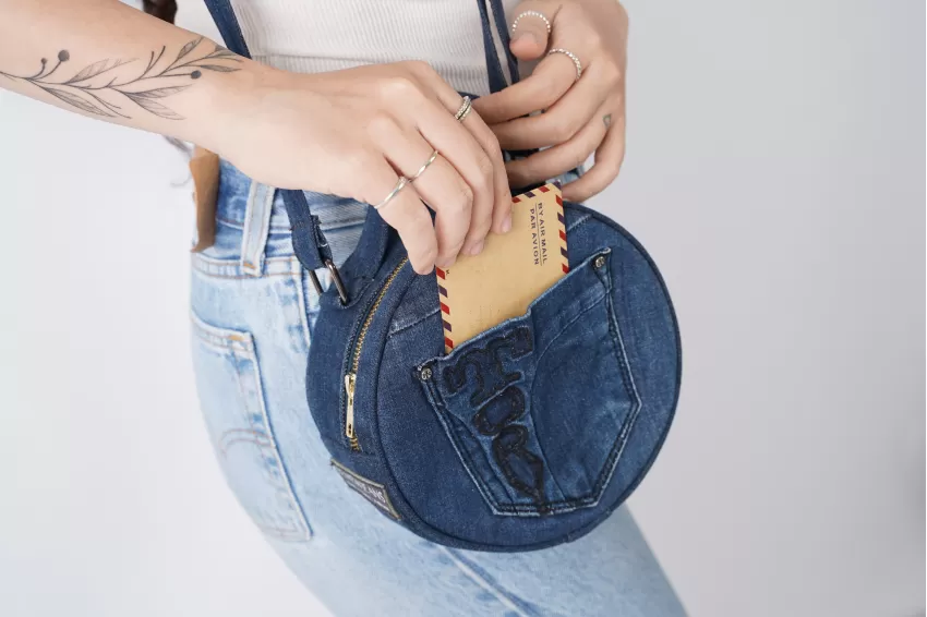 Letters Embroidery Dark Blue Round Denim Bag From Old Jeans