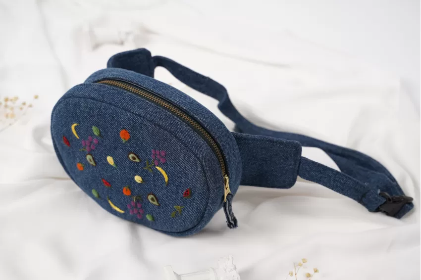 Fruit Embroidery Denim Fanny Pack From Old Jeans, Wide Compartment, Holds Many Items, Colorful Pattern, Eye-Catching And Adorable Accessory