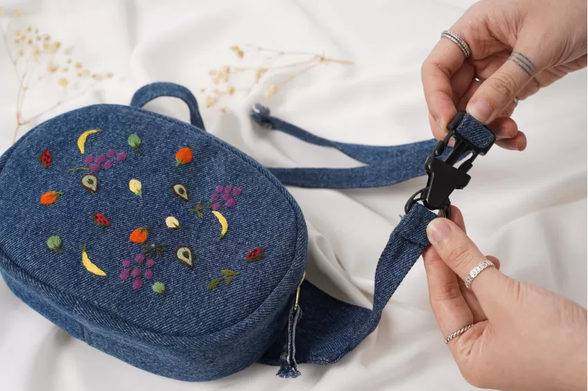 Fruit Embroidery Denim Fanny Pack From Old Jeans, Wide Compartment, Holds Many Items, Colorful Pattern, Eye-Catching And Adorable Accessory