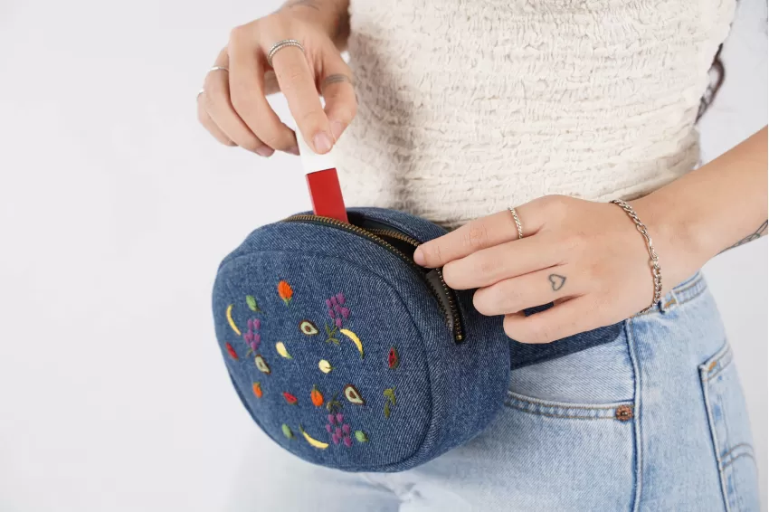 Fruit Embroidery Denim Fanny Pack From Old Jeans, Wide Compartment, Holds Many Items, Colorful Pattern, Eye-Catching And Adorable Accessory