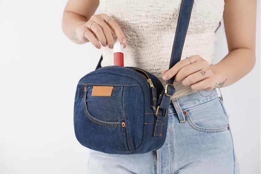 Dark Blue Denim Box Bag From Old Jeans, Minimalist Style, Bold Blackish Blue Color Tone, Suitable For Various Styles