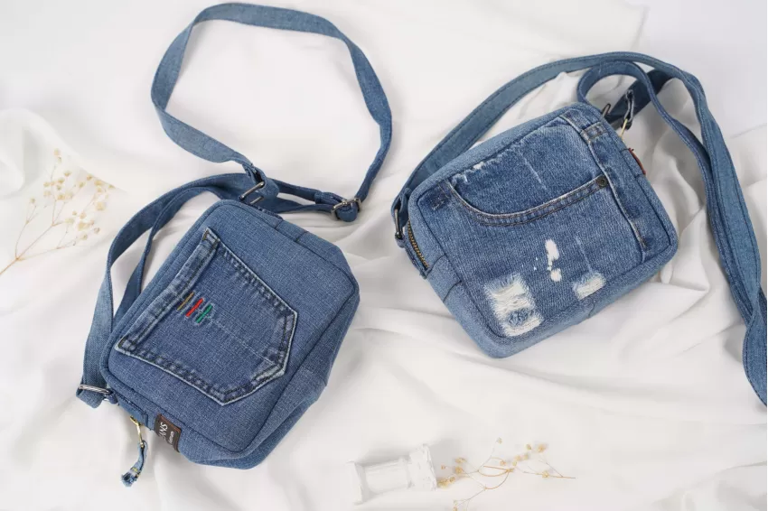 Sky Blue Denim Box Bag From Old Jeans, Compact And Convenient Design, Spacious Enough To Hold Many Items