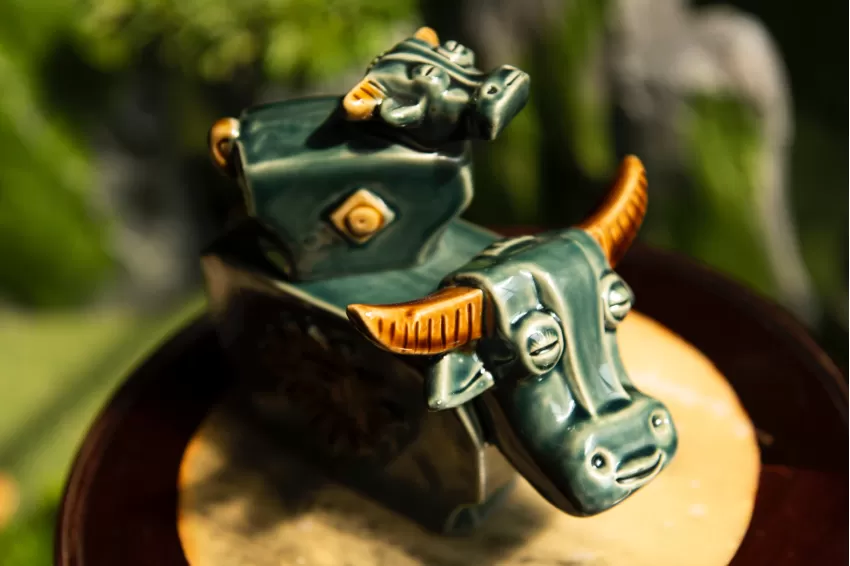 Turquoise Ceramic Buffalo Figurine, Mother and Baby Buffalo Collection, Vietnamese Ceramic, Handcrafted Ceramic, Space Decoration, Feng Shui Gift, Corporate Gift