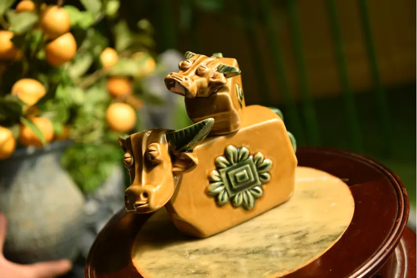 Yellow And Green Ceramic Buffalo Figurine, Vietnamese Ceramic, Vietnamese Gift, A Timeless Gift For Any Occasion, Handcrafted With Care, Vivid Colors And Intricate Design, Symbolic Meaning, Housewarming Gift, Wedding Gift