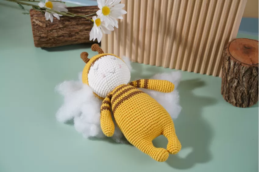 Crochet Bee Rattle Toy, Yellow Bee Stuffed Animal, Woolen Bee Keychain, Handmade Fabric Toy, Handmade Toy For Kids