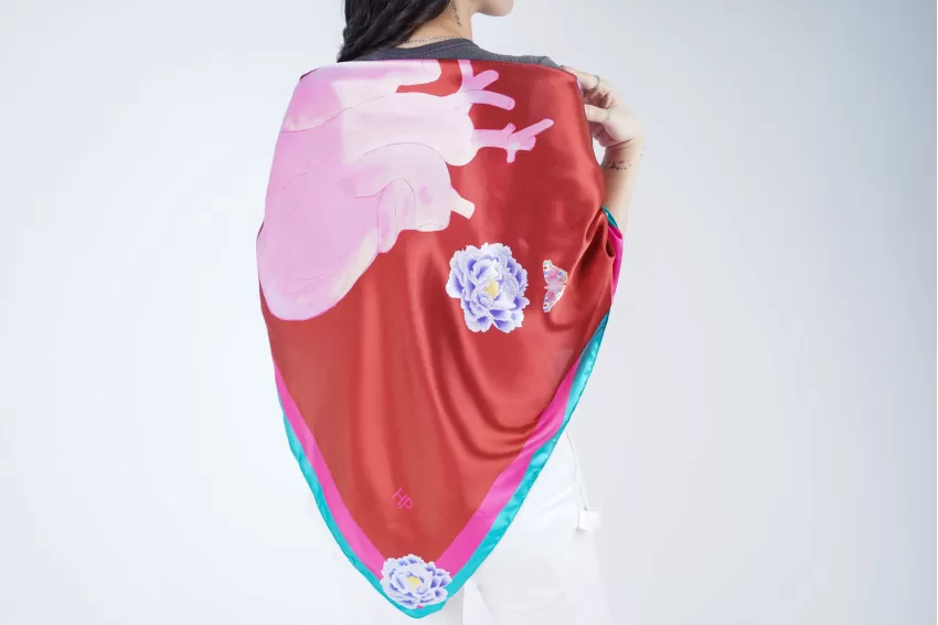 The Heart Satin Scarf, Red Background,  Surreal Artwork, Unique Accessory, Vibrant Colors, Ancient Royal Style