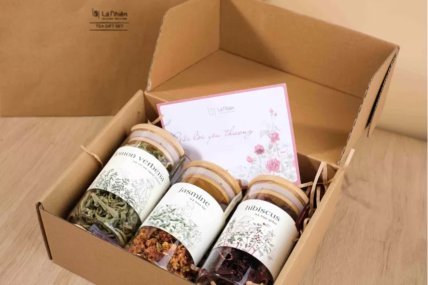 Paper Gift Box with 3 Large Herbal Tea Jars, Natural Tea, Relaxation Tea, Vietnamese Clean Ingredients, Healthy Gift, Family Gift, Corporate Gift