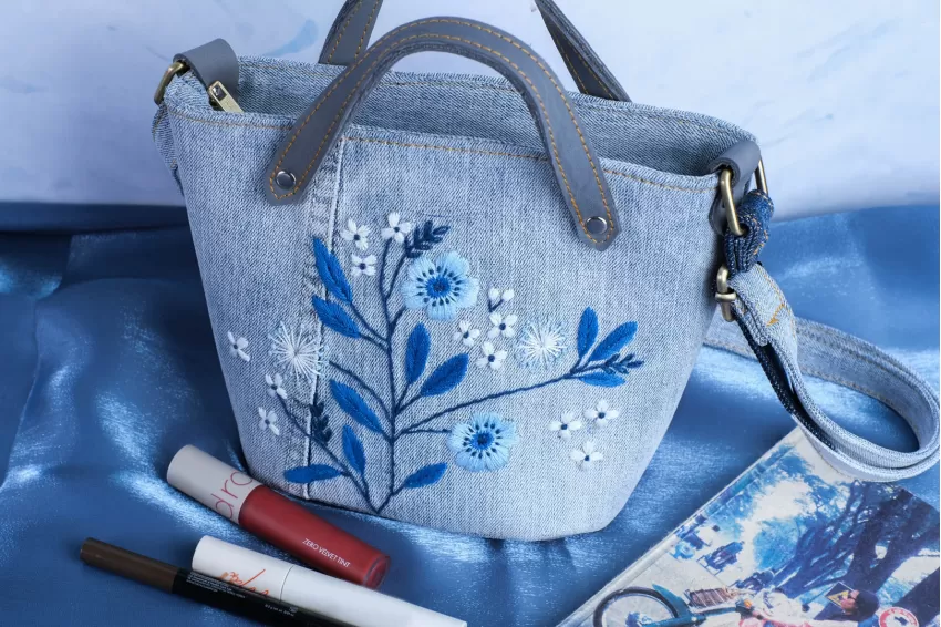 Floral Embroidery Denim Bucket Bag From Recycled Jeans, Size 21, Floral Embroidery Pattern, Youthful And Feminine Style, Subtle Colors