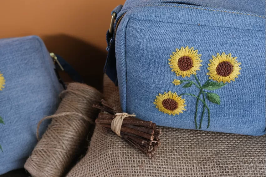 Denim Sunflower Embroidery Box Bag From Recycled Jeans