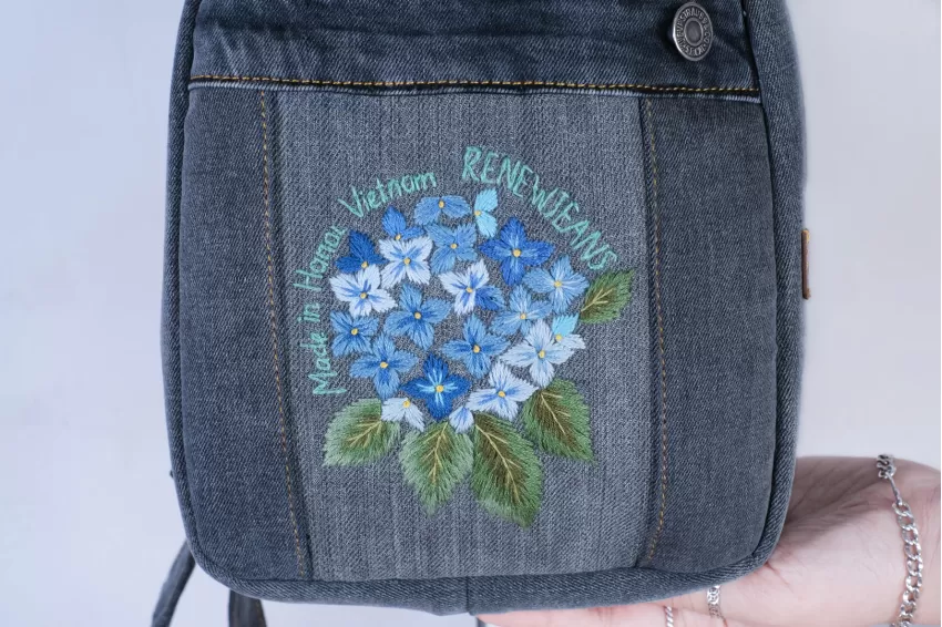 Floral Embroidery Denim Backpack From Recycled Jeans, Size 20, Modern Black-Gray Color, Compact Size, Highly Versatile