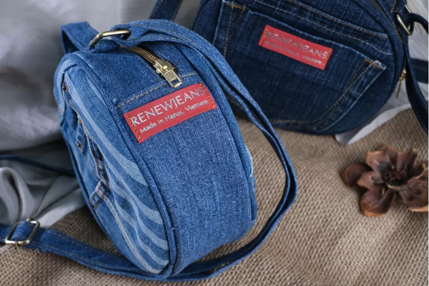 Denim Round Bag From Recycled Jeans, Size 18, Unique And Eye-Catching Design, Compact Size, Modern Style, Perfect Accent For Outfits