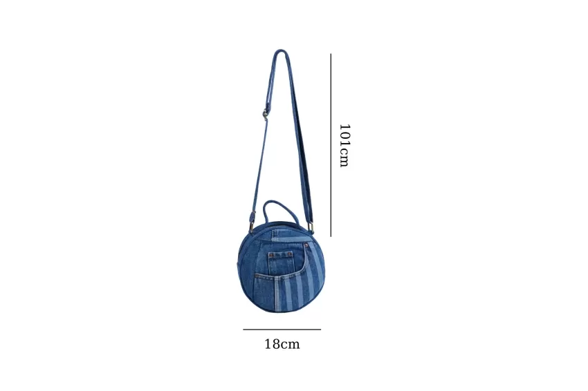 Denim Round Bag From Recycled Jeans, Size 18, Unique And Eye-Catching Design, Compact Size, Modern Style, Perfect Accent For Outfits