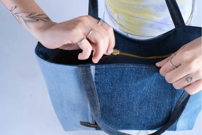 Large Tricolor Denim Tote Bag From Recycled Jeans