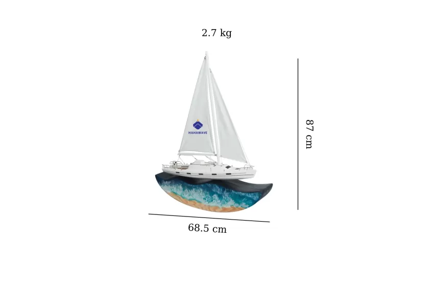 Lucky Mini Yacht With Sail L600.T5 On Curved Epoxy Resin Waves