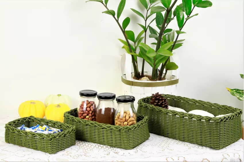 Matcha Green Hand Woven Tray, Set of 3 Sizes, Made from Recycled Materials, Various Sizes Available, Convenient and Versatile