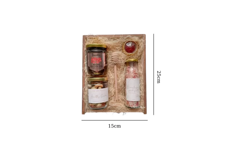 Stay Healthy Gift Set, Revitalize & Rejuvenate Gift Box, Thoughtful Gift, Ideal For Women Of All Ages, Get Well Soon Gift, Saffron Threads, Premium Honey Jar, Wooden Honey Dipper Stick, Mixed Nuts Jar, Himalayan Pink Bath Salt