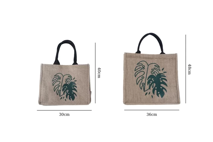 Leaf Jute Bag, Tropical Print, Rustic Canvas Material, Spacious Compartment, Easy to Maintain, Sturdy Leather Straps.