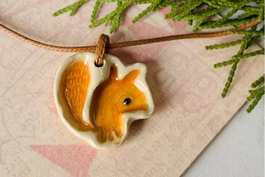 Lovely Squirrel Ceramic Necklace, Handmade Ceramic Accessory, Prominent Accent For Outfits, Perfect Gift For Friends And Family