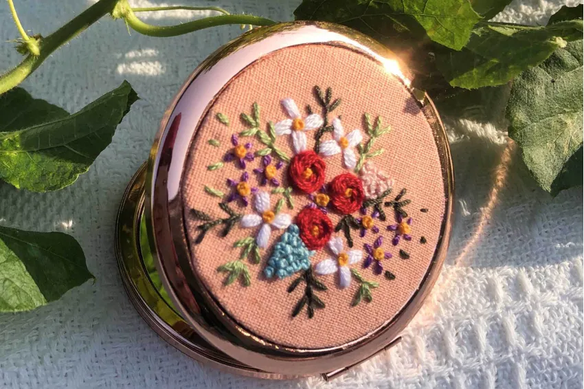 Milky Orange Color Embroidered Linen Hand Mirror, Handheld Embroidered Mirror, Sweet And Youthful Milk Orange Tone, Adorable Gift