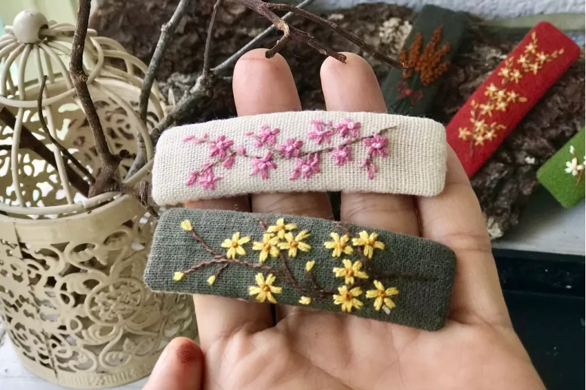 Flower Branch Embroidered Linen Hair Clip