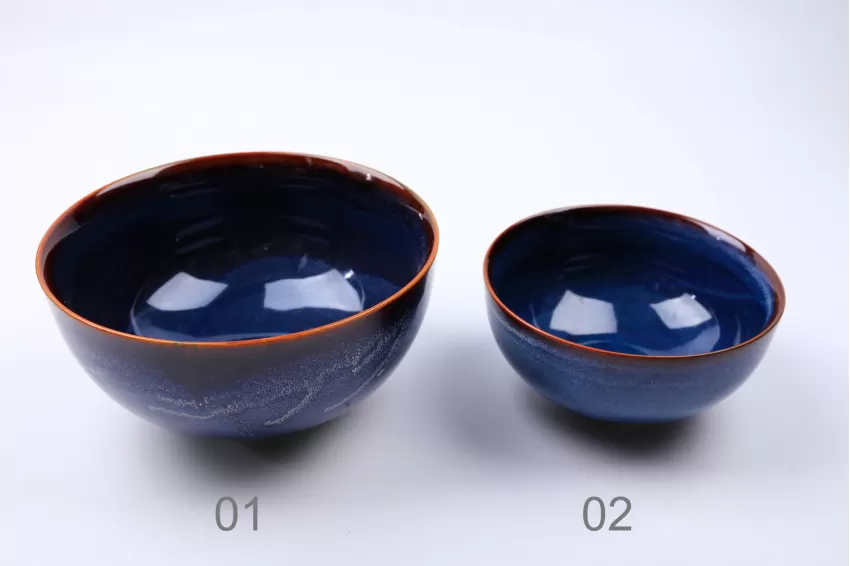 Set Of 2 Ocean Wave Fire Glaze Bowls, Glossy Finish, Elegant Design, Vietnamese Handcrafted Ceramic, Elevating Space