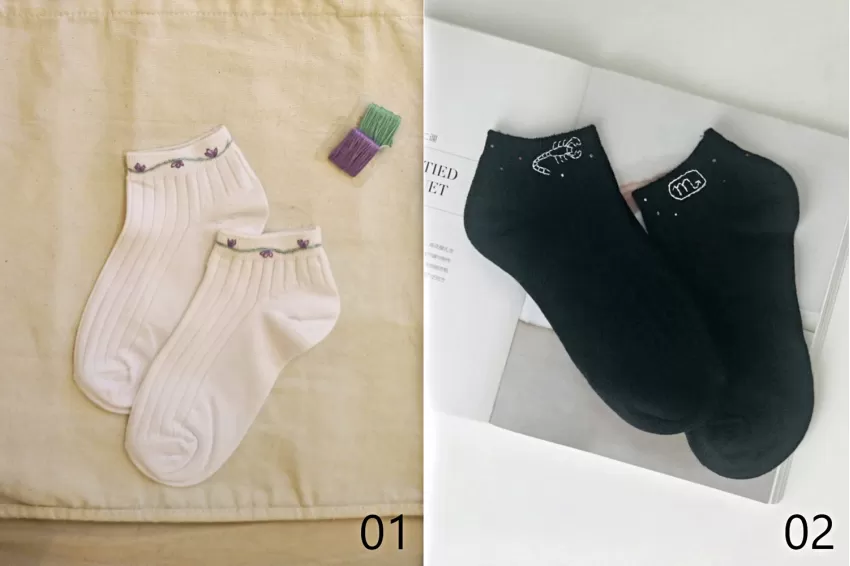 Embroidered Short Socks, Short Socks With Purple Flowers, Low-Cuffed Cotton Socks, Doll Shoes Socks, Vintage Socks, Girlfriend Gifts