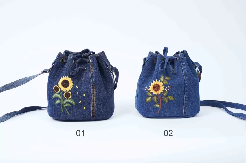 Sunflower Embroidered Bucket Bag From Old Jeans, Personality And Sweetness, Unique Drawstring, Lined With Leather, Exquisite Hand Embroidery