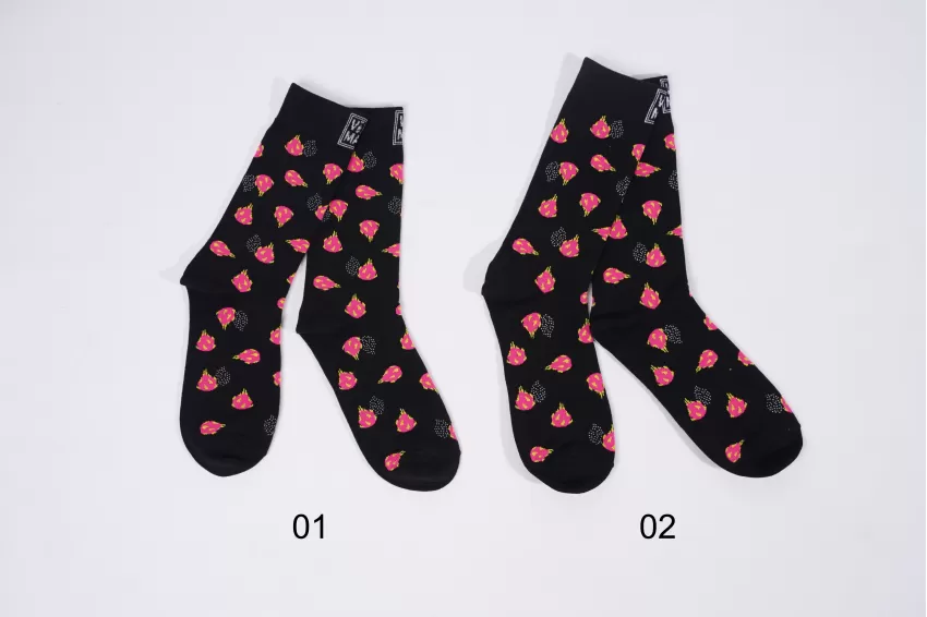 Dragon Fruit, Crew Cut Socks, Fun Patterned Socks, Dragon Fruit Printed Socks, Black Patterned Socks, Whimsical High-Cuffed Socks