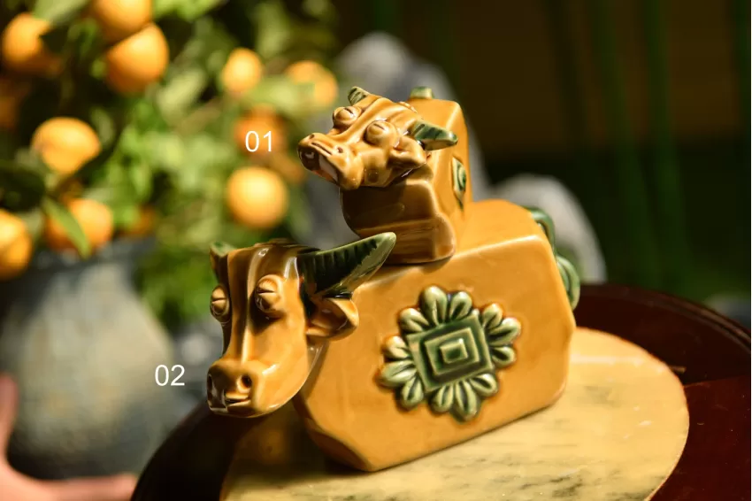 Yellow And Green Ceramic Buffalo Figurine, Vietnamese Ceramic, Vietnamese Gift, A Timeless Gift For Any Occasion, Handcrafted With Care, Vivid Colors And Intricate Design, Symbolic Meaning, Housewarming Gift, Wedding Gift