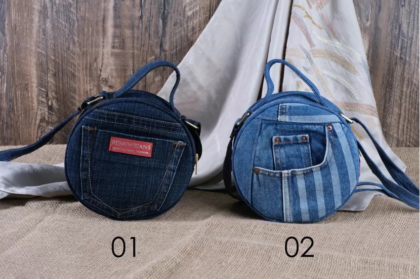 Denim Round Bag From Recycled Jeans, Size 18, Unique And Eye-Catching Design, Compact Size, Modern Style, Perfect Accent For Outfits