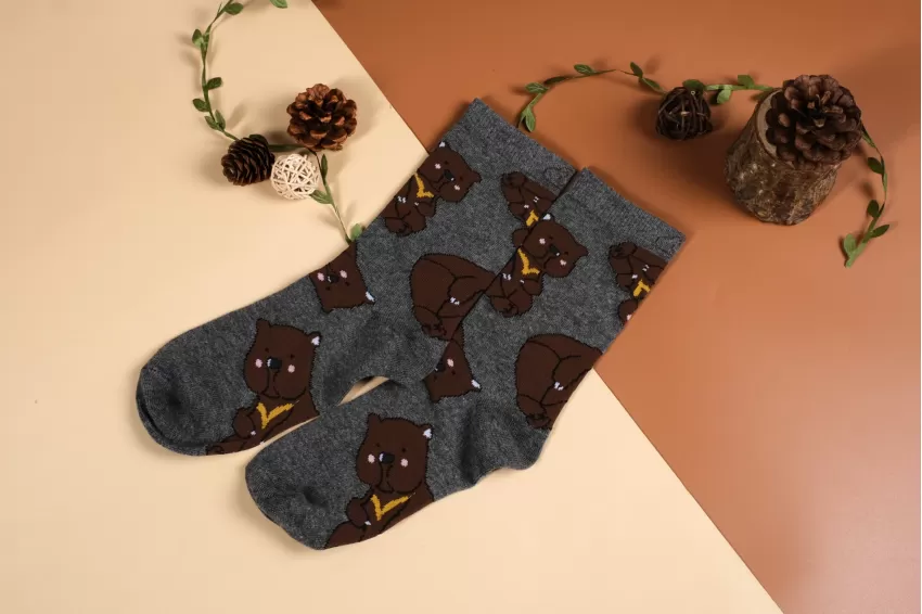 Asiatic Black Bear Socks, Socks With Brown Bear Pattern, Socks With Animal Prints, High Gray Socks, Cute Patterned Socks, Gift For Friends