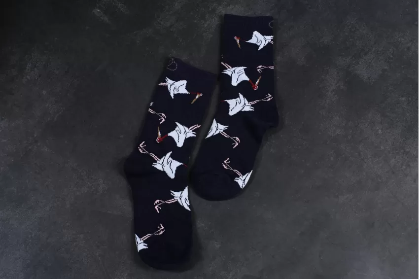 Vietnamese Sarus Crane Socks, High Socks With Crane Pattern, Socks With Crane Prints, White Crane Patterned Socks