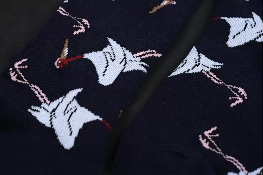 Vietnamese Sarus Crane Socks, High Socks With Crane Pattern, Socks With Crane Prints, White Crane Patterned Socks