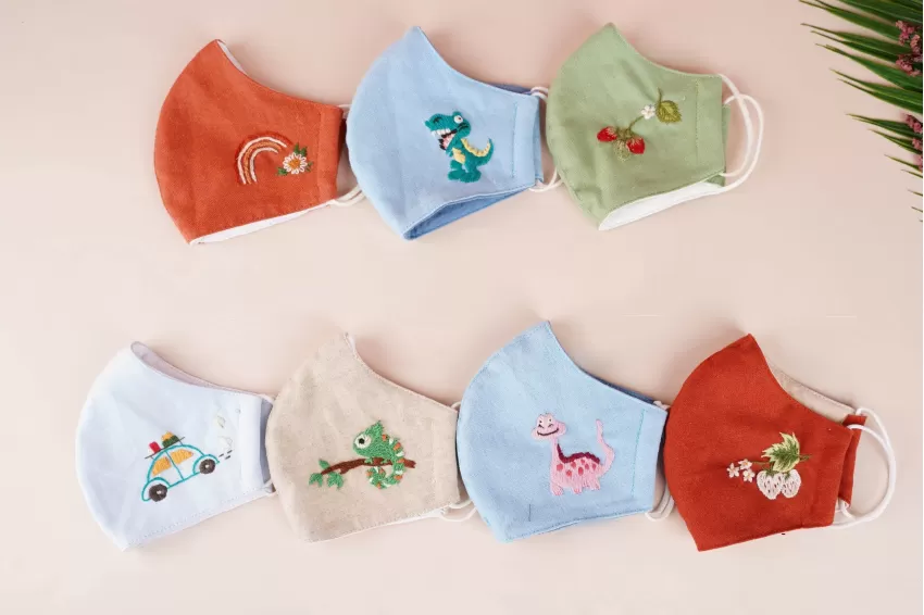 Hand Embroidered Linen Face Mask For Kids, Japanese-Style, Cute Small Patterns, Snugly Fit The Face, Optimal Protection For Nose And Mouth