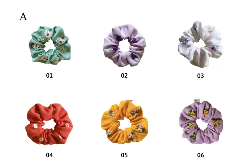 Embroidered Linen Scrunchies, Warm Color, Fabric Hair Tie, Soft Linen Material, Cute Flower Patterns, Fairy-Like Hair Accessory