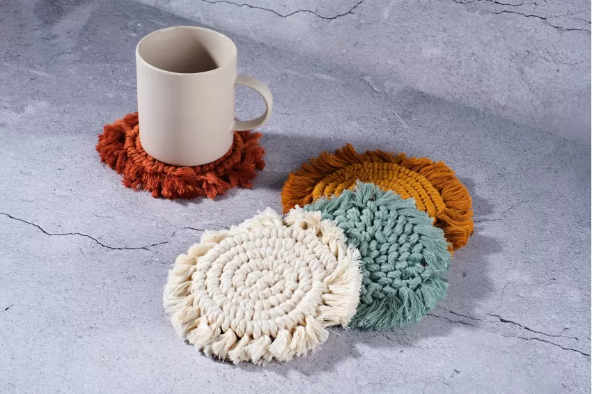 Tassel Yarn Coaster, Unique Design, Rustic Style, Subtle Color Palette, Excellent Absorbency, Minimizes Lint, Handmade Product