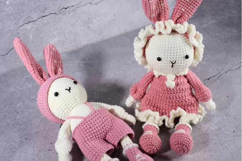 Vintage Bunny Crochet Stuffed, Pink Bunny Plush, Hand-Knitted Rabbit Plush Toy, Cute Birthday Gift, Gift For Girls