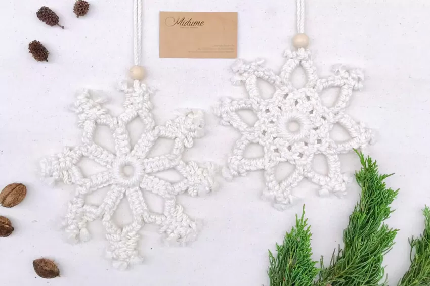 Macrame Snowflake, Set Of 2, Made from Natural Cotton Fiber, Colorfast, Decorative Accessories, Handcrafted Product