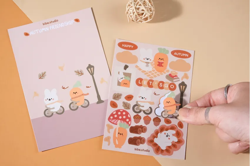 Autumn Friendship Sticker Sheet, Warm Yellow Tone, Notebook Decoration Sticker, Illustrations Of Cute Best Friends, Diverse Applications