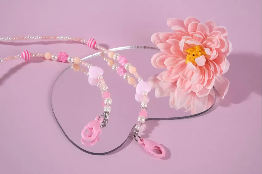 Pink Blossom Mask Chain, Pink Mask Strap, Handmade Bead Necklace Strap, Bead Strap Necklace, Bead Necklace Mask Strap