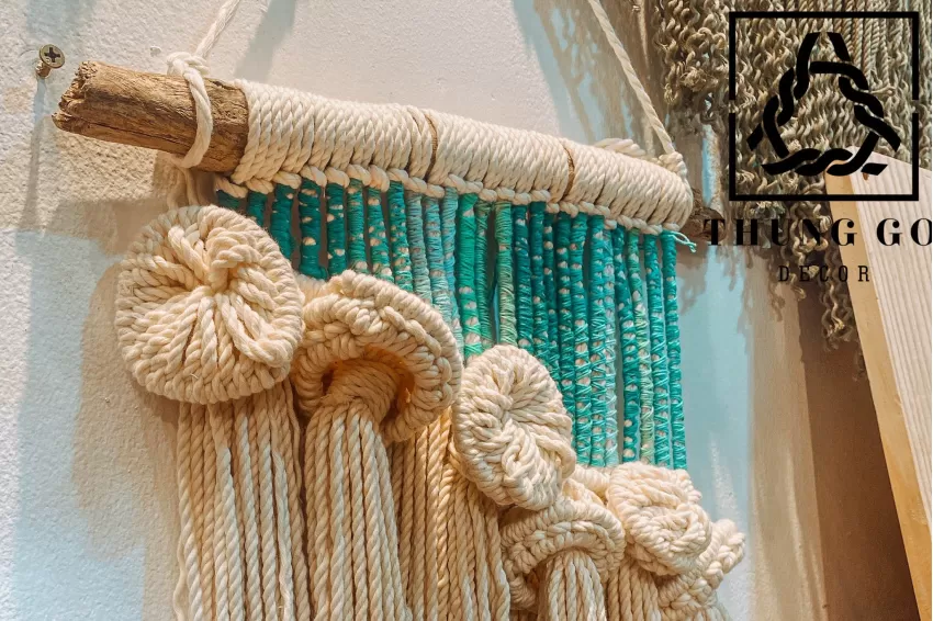 Mành Treo Tường Macrame Xanh, Nút Thắt Hoa Xinh Xắn, Độ Bền Cao, Trang Trí Nội Thất, Kỹ Thuật Đan Lát Ấn Tượng