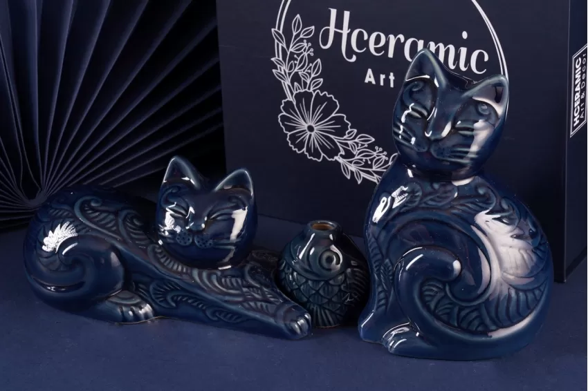 Glazed Cat Ceramic Figurine With Flower Carvings Glazed Cat Ceramic Figurine With Flower Carvings