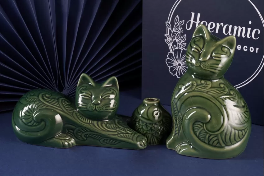 Glazed Cat Ceramic Figurine With Flower Carvings Glazed Cat Ceramic Figurine With Flower Carvings