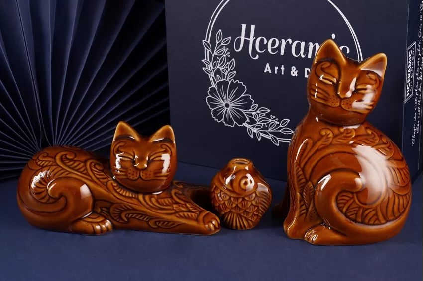 Glazed Cat Ceramic Figurine With Flower Carvings