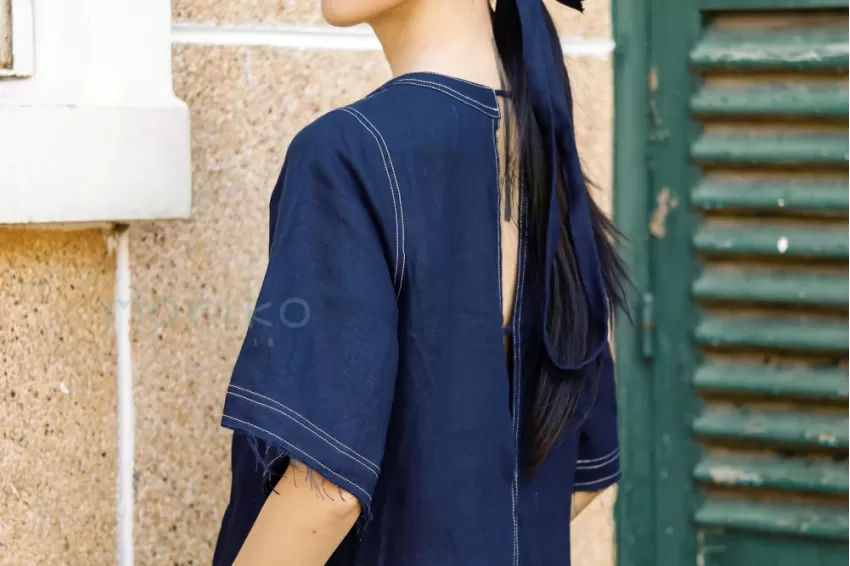 Navy Linen Naoki Dress With V Neck, Simple Loose Dress, Denim-Look Dress, Navy Blue Embroidered Dress, Back-Split Dress