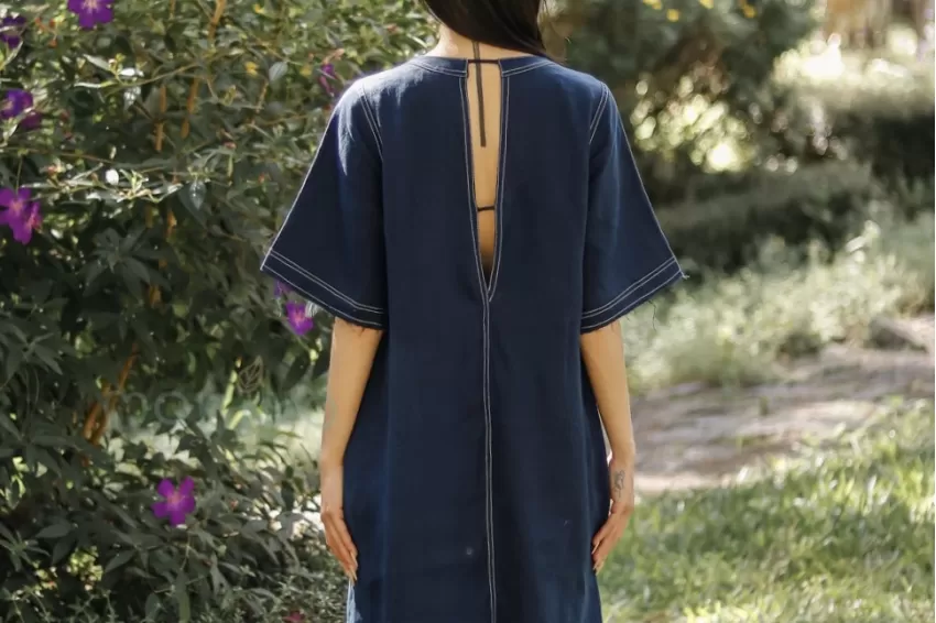 Navy Linen Naoki Dress With V Neck, Simple Loose Dress, Denim-Look Dress, Navy Blue Embroidered Dress, Back-Split Dress