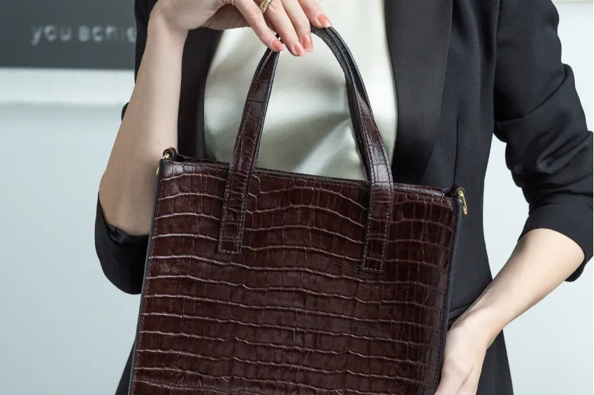 Dark Brown Lily Bag, Crocodile Embossed Leather Bag, Natural Crocodile Pattern Exudes Sophistication, Spacious Enough For A Laptop