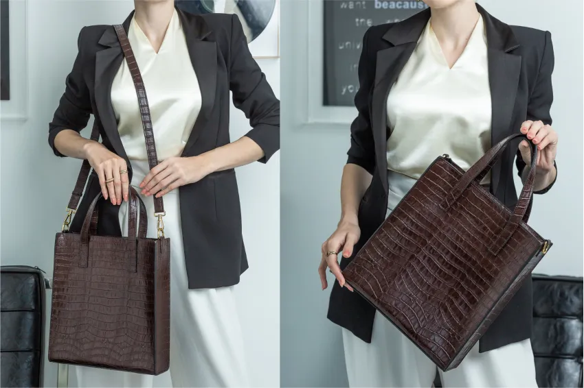 Dark Brown Lily Bag, Crocodile Embossed Leather Bag, Natural Crocodile Pattern Exudes Sophistication, Spacious Enough For A Laptop